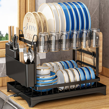 TwoTier Dish Drying Rack Rustproof Kitchen Rack with Drainboard And Utensil Holder for Countertop
