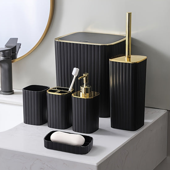 6Piece Black Bathroom Accessories Set with Toothbrush Holder Soap Dispenser Waste Bin Toilet Brush  Holder Soap Dish  Durable Plastic Reusable FloorMounted