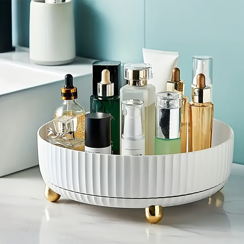 1pc Large Capacity 360Degree Rotating Makeup  Perfume Organizer  Sleek Black Vanity Storage Tray with Golden Accents Ribbed Edge Design for Stability No Assembly Required Vanity Tray