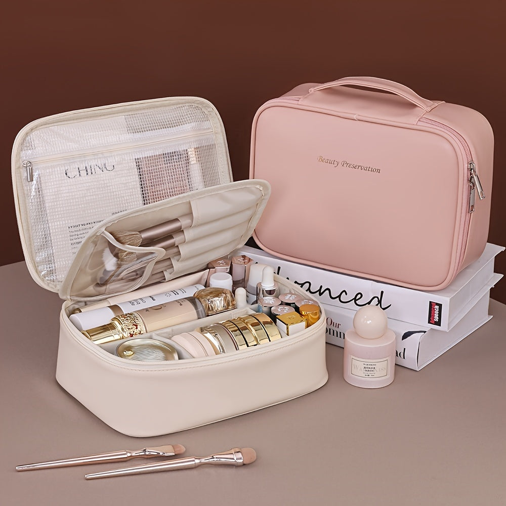 Large Capacity High Quality Cosmetic Bag with Multiple Compartments  Durable PU Travel Organizer Portable Zippered Makeup Pouch for Women  Men Light Beige Makeup Travel Bag