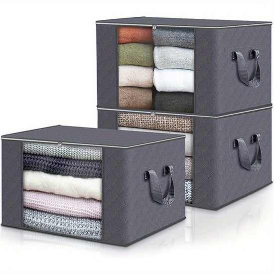 3Pack Large Capacity Foldable Fabric Storage Bins  Ideal for Bedding Clothes Pillows Quilts  Perfect for Home Bedroom Dorm Spa Wardrobes  Grey Woven Material No Electricity Needed