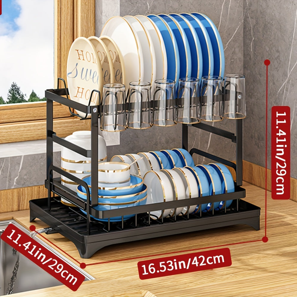 1pc Large Capacity 2Tier Dish Drying Rack with Drainboard DoubleLayer Bowl  Cup Rack Detachable Over The Sink Organizer for Kitchen Counter Black  White  Ideal for Plates Bowls Cups  Cutlery Storage Dish Drying Rack