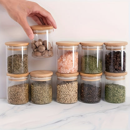 1SET1264pcs Glass Storage Jars Made of Transparent High Borosilicate Material Featuring Sealed Bamboo Lids for Food Storage Portable Clear Food Containers for Tea Coffee Beans Sugar Candies Cookies Spices And Household Kitchen Items