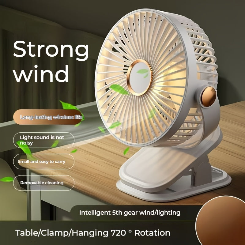 Portable ClipOn Table Fan 360 Rotatable 5Speed Adjustable Strong Grip Rechargeable 18650 Lithium Battery USB Charging Quiet Operation for Bedroom Office Gym  1200mAh