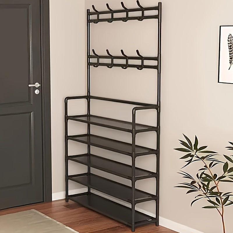 Multitiered Varnished Iron Storage Rack with Coat Hanger and Shoe Organizer 8 Hooks Tiered Shelf System for Shoes Apparel Tools Toys and Accessories  Versatile Hallway Entryway Rack