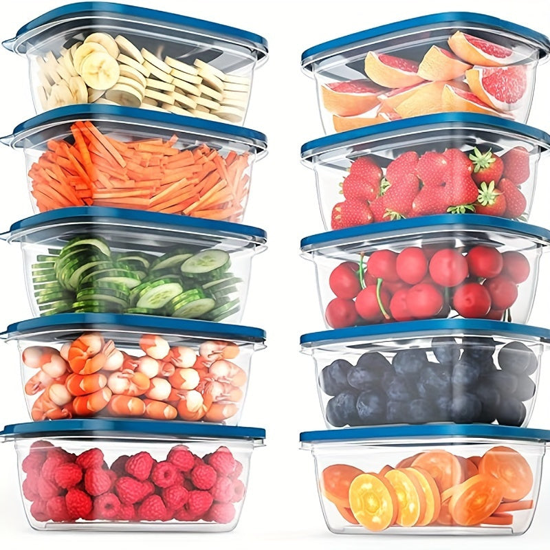 10pcs Clear Plastic Food Storage Containers with Blue Lids  Stackable Reusable Perfect for Kitchen Organization  Ideal for Grains Meats Fruits Vegetables  Dishwasher  Microwave Safe