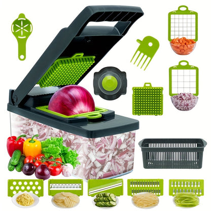 1216pcsSet Vegetable Chopper Multifunctional Fruit Slicer Handle Food Grater Vegetable Slicer Cutter With Container Onion Mincer Chopper With Multiple Interchangeable Blades Household Potato Shredder Kitchen Stuff Kitchen Accessories