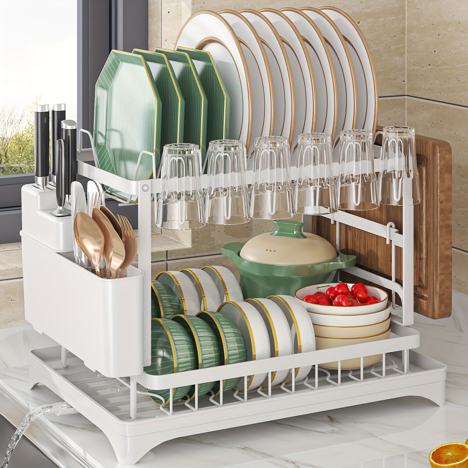 2Tier Rustproof Dish Drying Rack with Drainboard  Utensil Holder  Durable Plastic  Metal Kitchen Counter Organizer for Dishes Cups and Utensils  SpaceSaving Design for Modern Kitchens Dish Drying Rack for Kitchen Counter