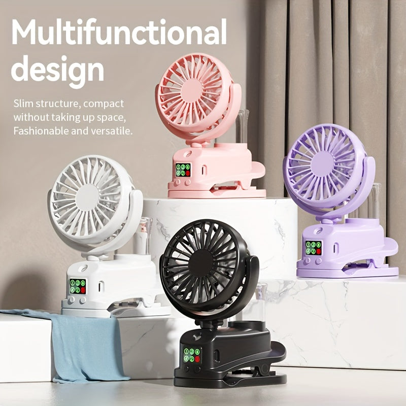 Multifunctional USB Rechargeable ClipOn Fan  Digital Display  MultiColor Plastic  Portable  Versatile for Dorms and Outdoors  Sleek Compact Design with Mist Spray Feature Outdoor Cooling  Compact Fan  Builtin Battery Rechargeable Fan